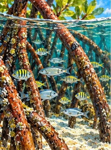 Young fish sheltering among mangrove roots